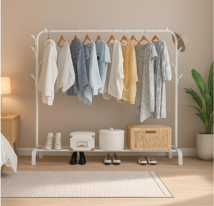 White garment rack with clothing rail, side hooks and a lower shelf